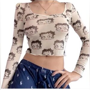 Betty Boop‎ Y2K Punk Goth Sheer Mesh Stretch Long Sleeve Graphic Crop Top XL